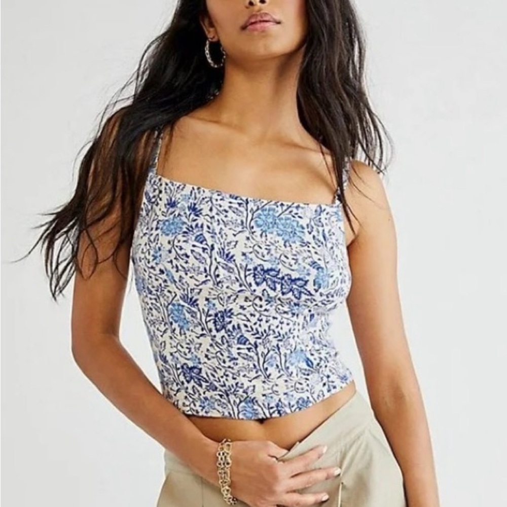 Free People Cream Cropped Tank Top Fitted Floral